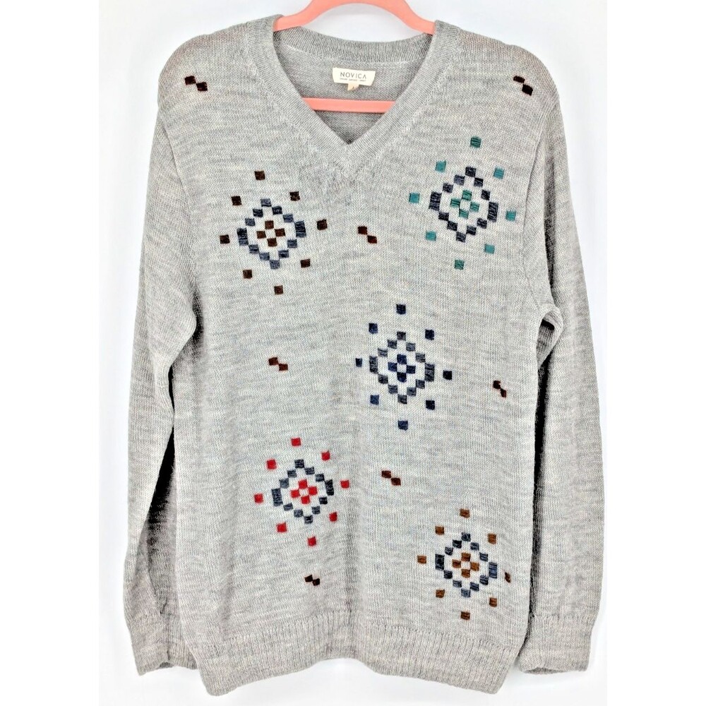 NOVICA 100% Alpaca Mens Sweater LARGE Gray Geometric Accents Peru Excellent